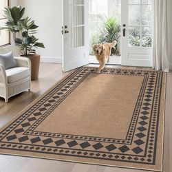 Geometric Neutral Easy Jute Indoor Outdoor Rug. Machine Washable, Non Slip Stain Resistant - 5 x 7