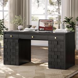SEDETA 55.1" Fluted Office Desk with 6 Drawers, Modern Executive Desk with Acrylic File Drawers, Computer Desk with Power outlets for Home Office and 