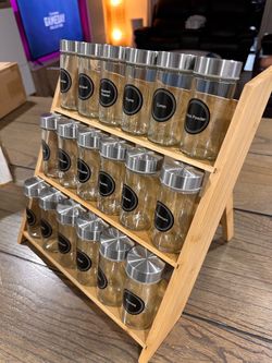Bamboo Spice Rack with Glass Jars