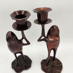 Vintage Frog Candle Holders Pair- Whimsical Standing Toads on Lily Pads -Bronze