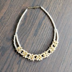 Women's Floral Pearl Choker Necklace, White/Gold