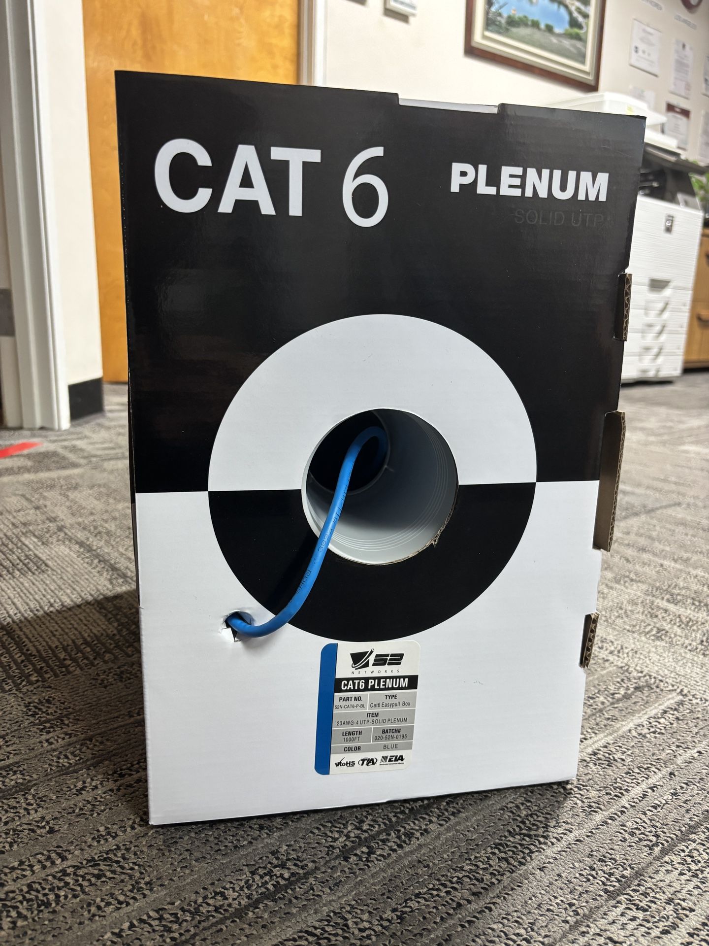 CAT6 Plenum 1000ft UTP Cable 23AWG, 550 MHz Pull Box - Blue