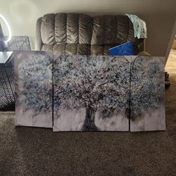 3-Piece Teal Blue Tree Canvas Wall Art – 64"x32" Silver Foil Texture