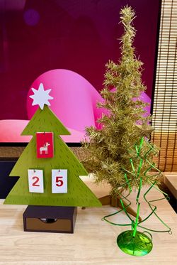 Christmas Tree Decor - wood Advent Countdown Calendar, Gold Tinsel Tree and Metal Tree Ornament Holder