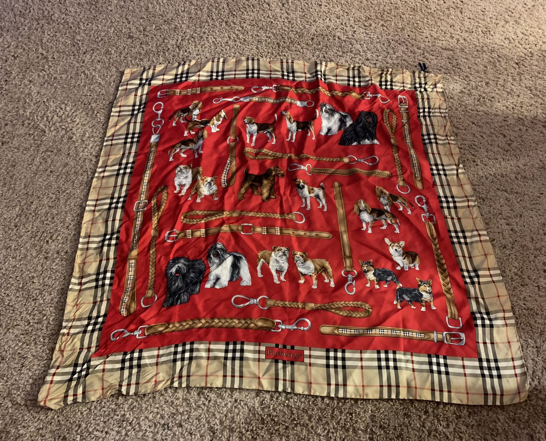 Vintage RARE  Burberry’s red silk scarf with dog & leash design