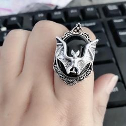 Gothic black and Silver bat open ring - Punk silver plated ring - exotic emo alternative rock - Tribal bats Animal Shape Ring stylish Ring for Women 