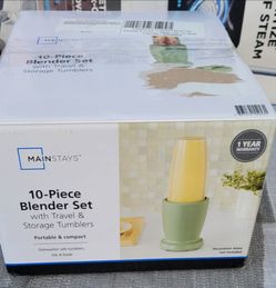 Mainstays 10-Piece Blender Set, Green Sage, 300W, with 3 Jars (10oz, 16oz, 18oz), 2 Drinking Lids, Stainless Steel Blade