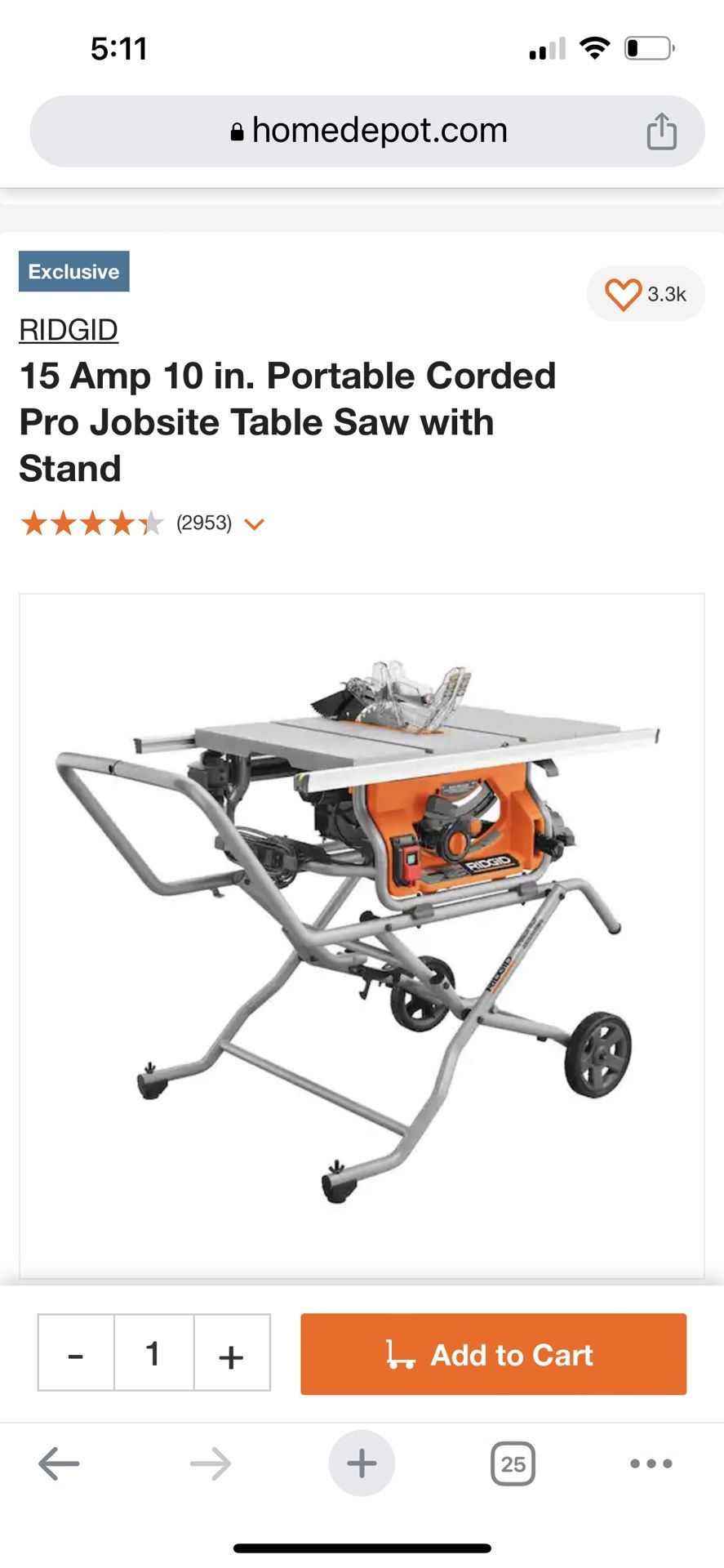 Rigid Table Saw - 15 Amp 10 in. Portable Corded Pro Jobsite Table Saw with Stand