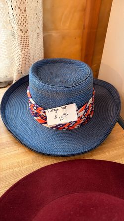 Vintage Blue Woven Straw Hat