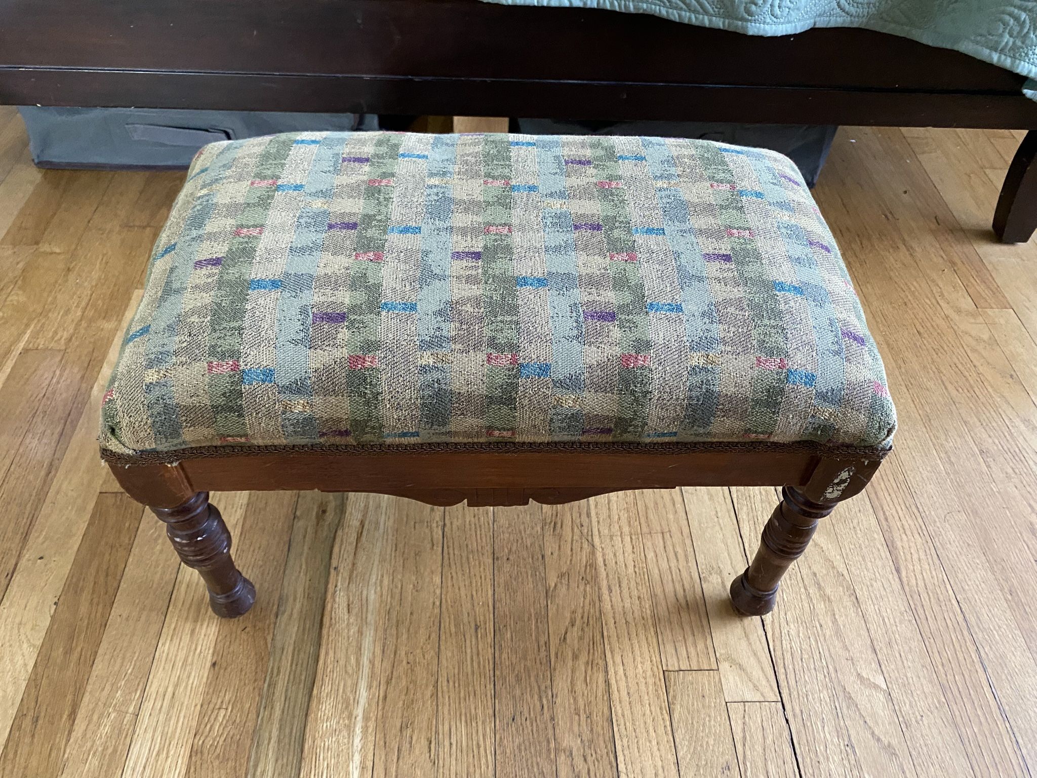 Vintage 14” Tall Footstool MCM Small Upholstered With Wooden Legs
