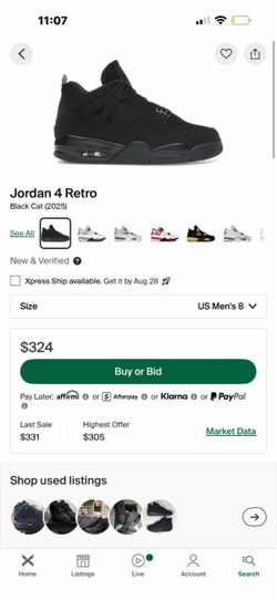 Jordan 4 black cat size 8 BRAND NEW NO BOX