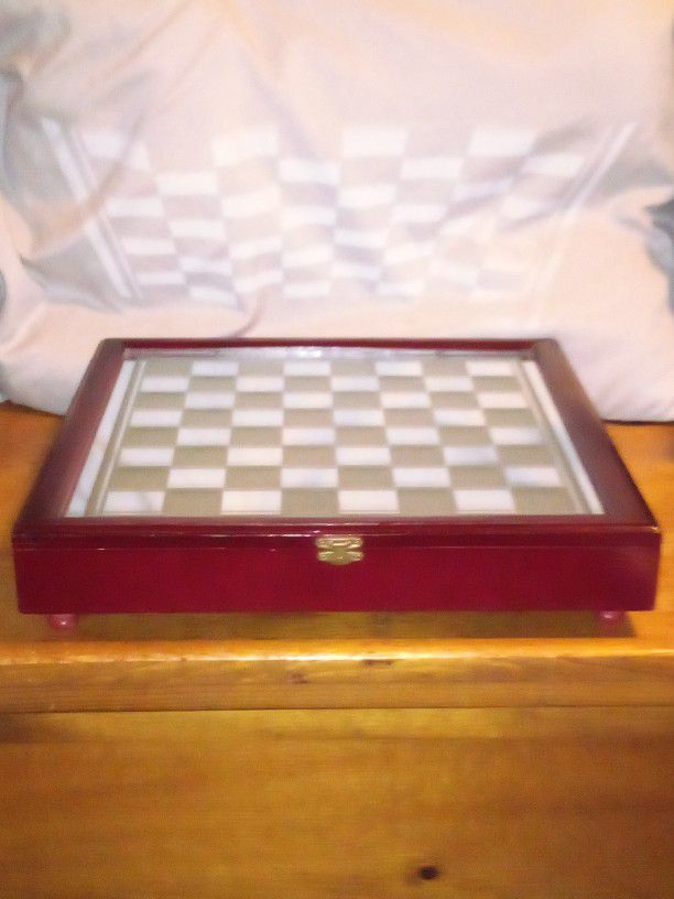 Vintage Mirror Glass Chess Frosted & Transparent Glass Pieces In Wooden Case 