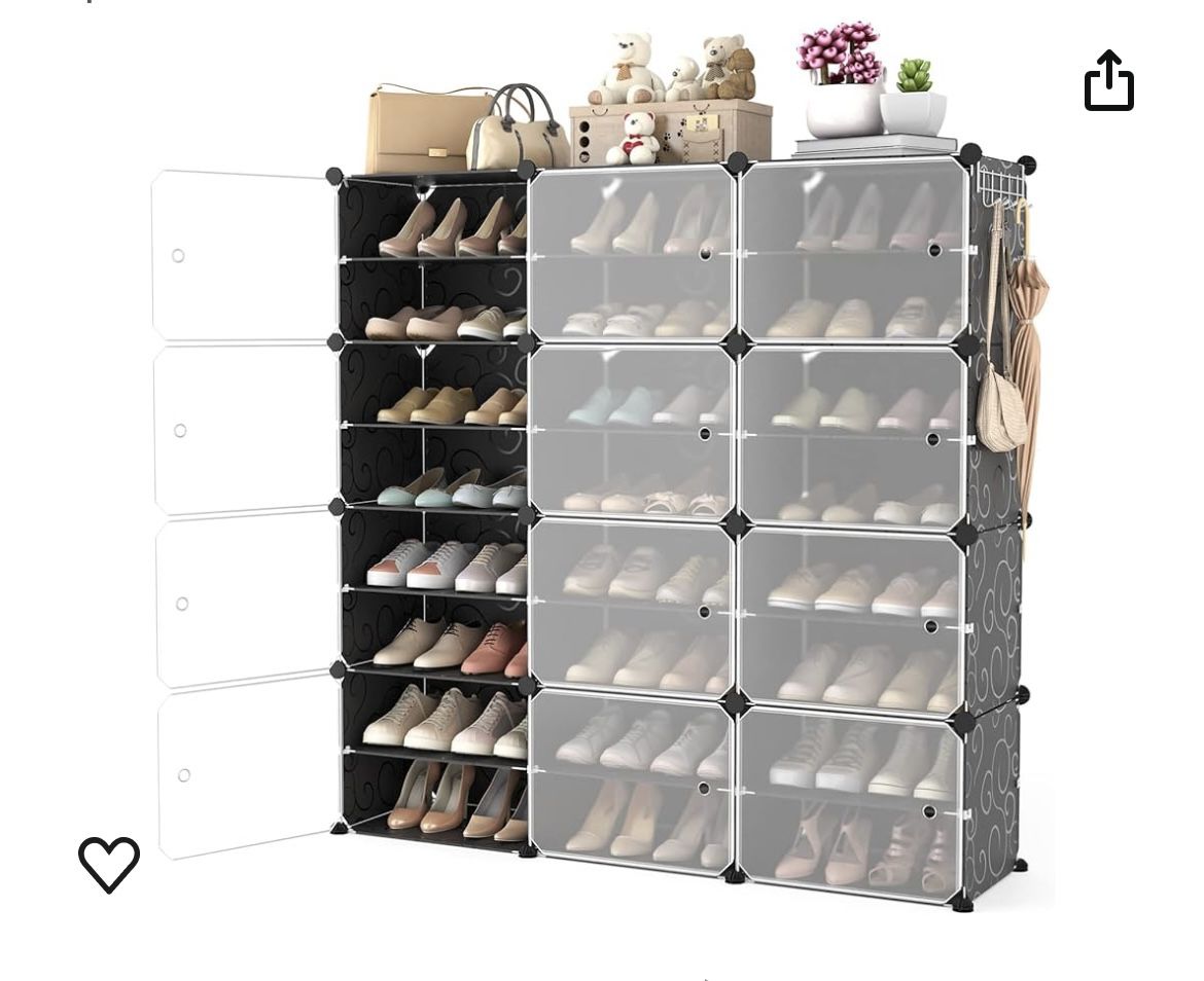 WEXCISE Portable Shoe Rack Organizer with Door, 48 Pairs Shoe Storage Cabinet Easy Assembly, Plastic Adjustable Shoe Organizer Stackable Detachable Fr