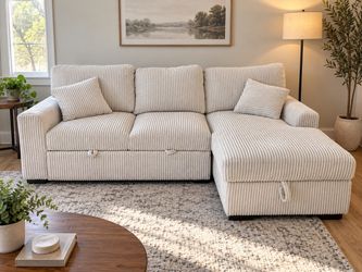 Cream Corduroy Sleeper Sectional w/ Storage Chaise
