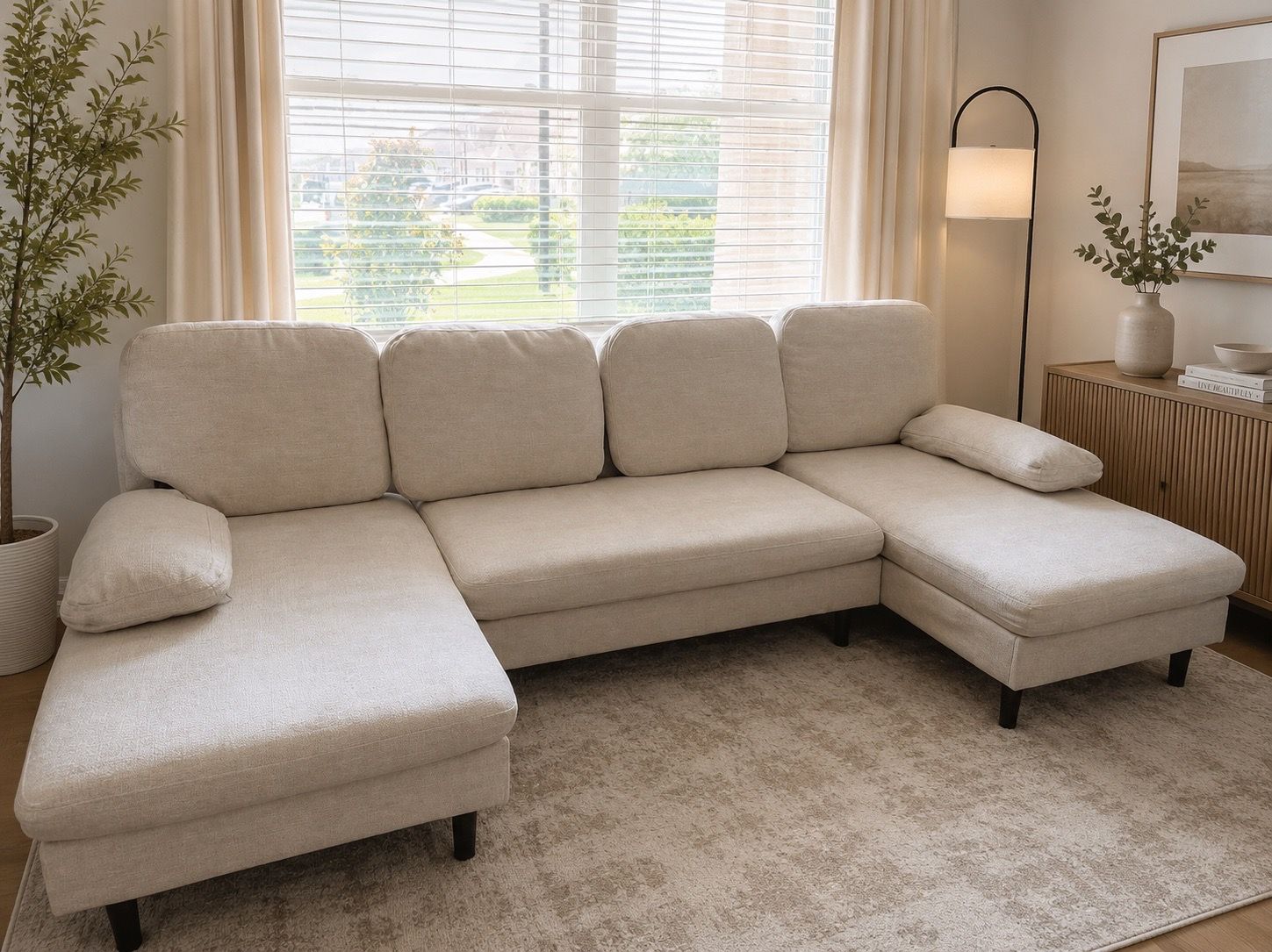 U-Shaped 6 Seat Sofa Couch for Living Room, Linen Fabric Sofa Bed with Removable Pillows