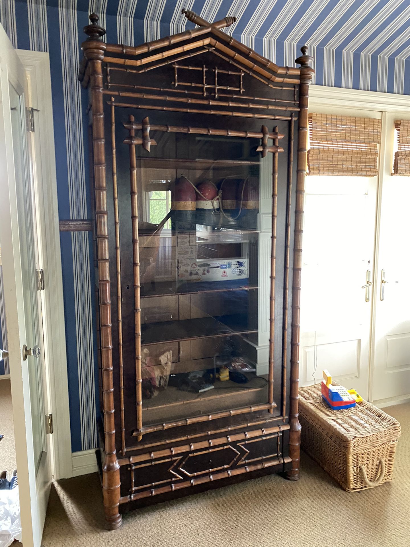 Antique faux bamboo display armoire