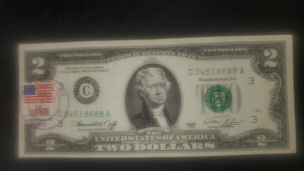1976 $2 bill with stamp 4/13/1976