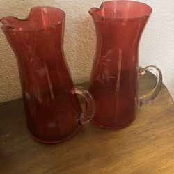 Vintage Etched Cranberry Glass Pitcher