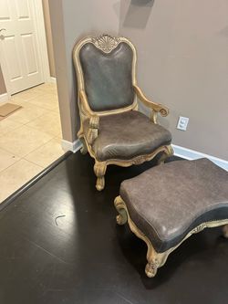 Ornate Leather Armchair with Ottoman Set