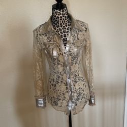 Womens Gold Lace Button Up Top, Beautiful, Size S, $10