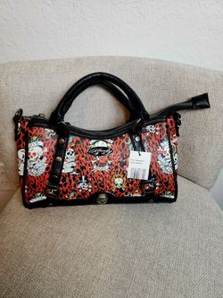 Ed Hardy Skull Tattoo Leopard Animal Print Satchel Zip, Strap, Studded Black