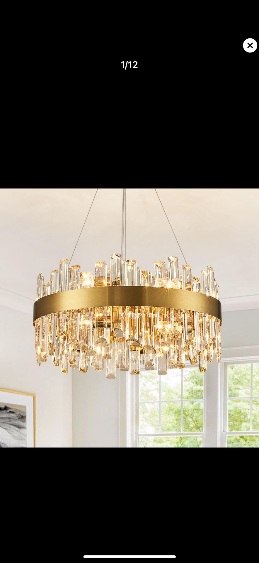 12-Light Modern Crystal Chandelier Brass Gold Round 2-Tiers K9 Crystal Raindrop Chandelier Adjustable Height Ceiling Light for Dining Room Living Room