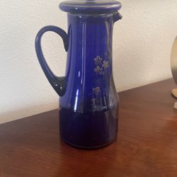 10 Inch Cobalt Vase Pitcher 10 Inches Etched Vintage 