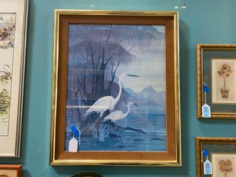 Leather and Gold Framed Blue Washed Heron Print