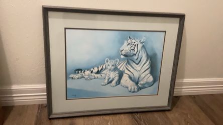 Bierly signed framed white tiger and cub painting
