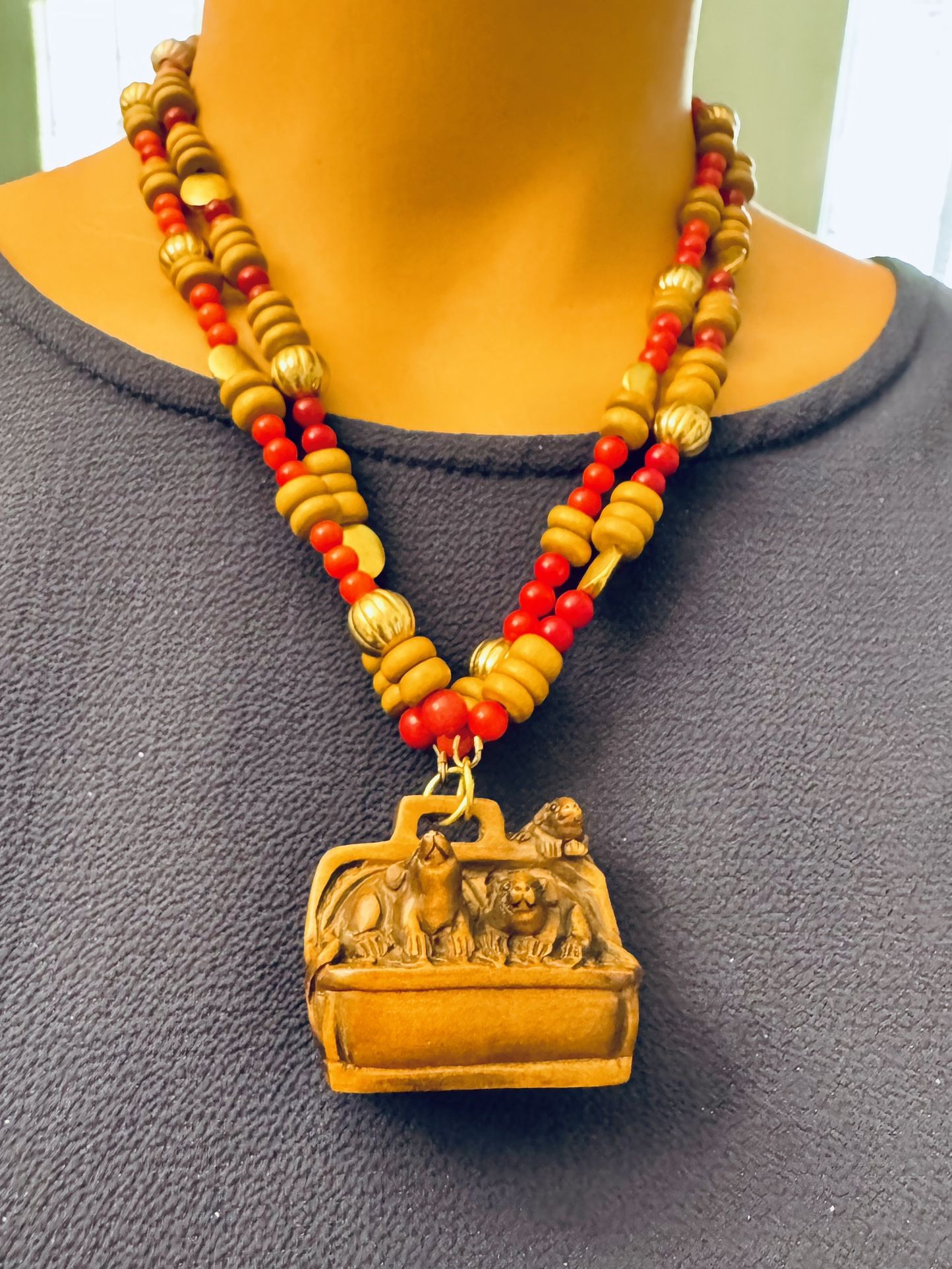 Japan Three Mice Boxwood Pendant Double Strand Wooden, Metal & Glass Beads 22”.