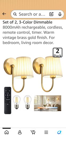 Set of 2 Cordless Wall Sconces, Brass Gold Finish