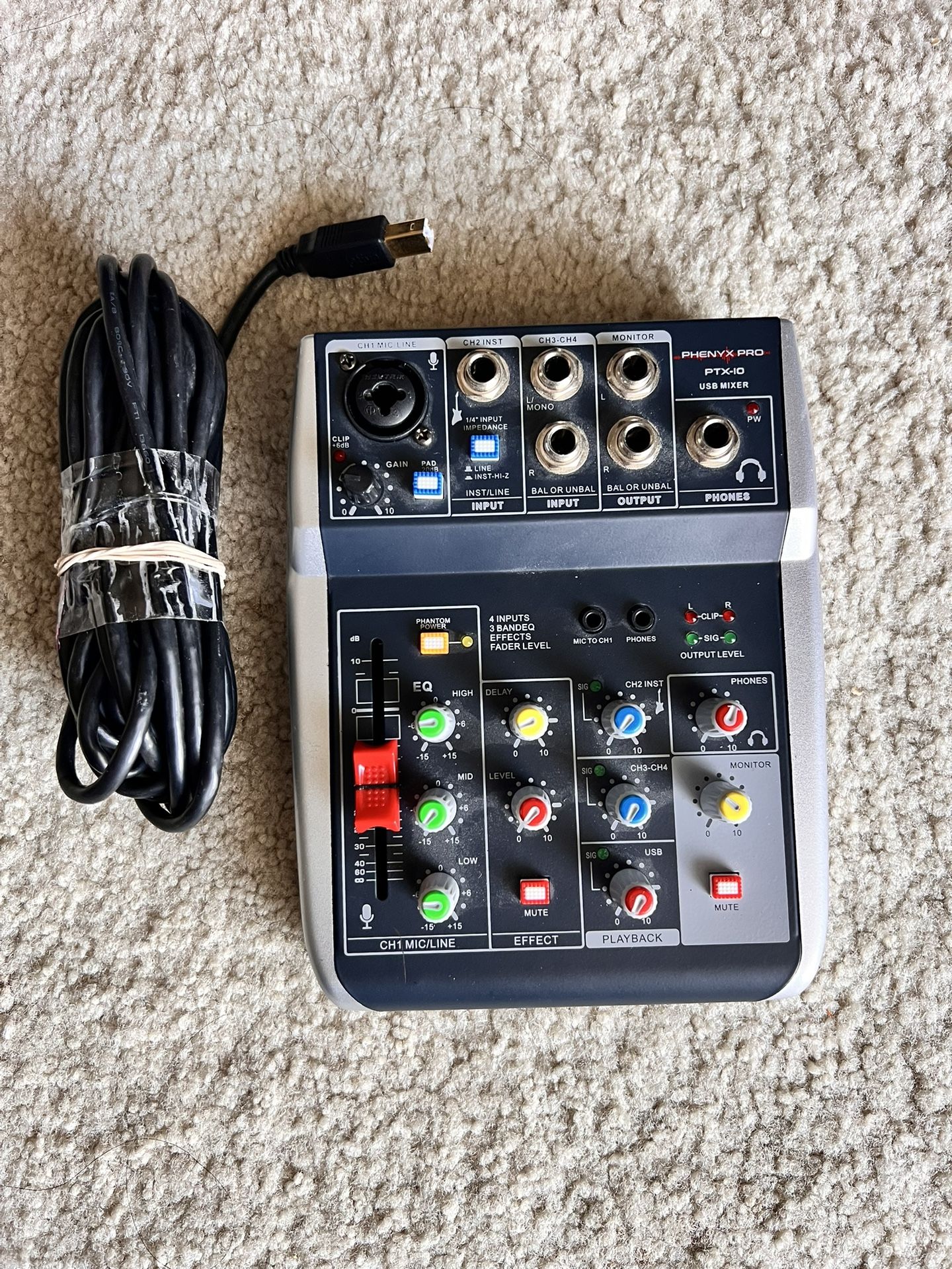PHENYX PRO PTX-10 AUDIO INTERFACE MIXER USB 4 CHANNEL 4 INPUT 3 BAND EQW / MIC