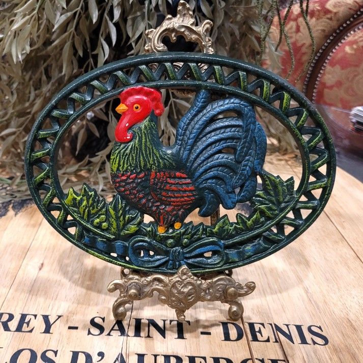 8" Rooster Cast Iron Trivet Kitchen Country Farm Cottage Oval Green