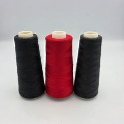 3 Spools Unbranded 2 Black & 1 Red Sewing Serger Thread 100% Spun Polyester Used