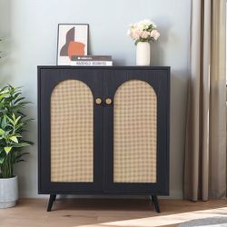 Black Accent Cabinet with Rattan Arch Doors