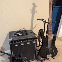Electric Bass Guitar with Bass Amp, Case And Extras