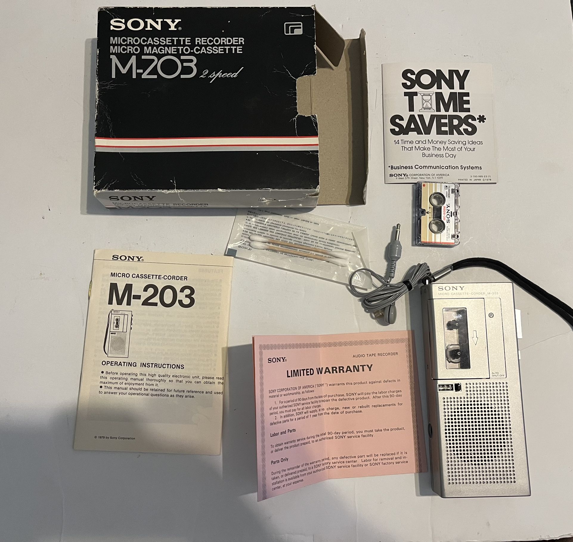 Vintage Sony M-203 Handheld Micro Cassette Corder Powers On for parts w/package