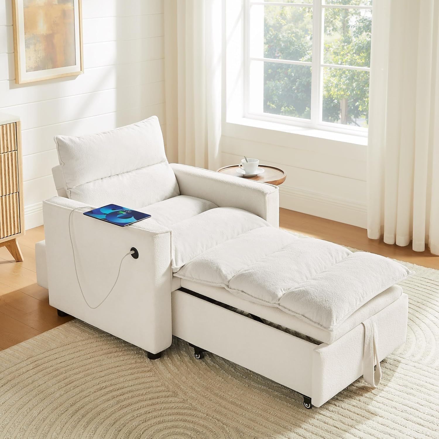 VANOMi Sleeper Chair Sofa Bed Convertible Pull-Out Couch, 3-in-1 Futon Sofa with USB & Type-C Ports, Multi-Functional Modern Chaise Lounge Armchair fo