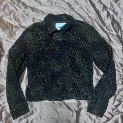 Nine West Size Small Gray Black Sarah Button Up Denim Jacket Leopard cheetah Pri