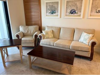 Living Room Set: Coastal Couch, Coffee Table, End Table, and Matching Chair