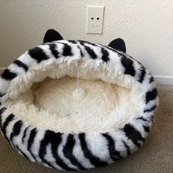 Zebra Print Cat Cave Bed - Extra Fluffy Hooded Bed with Toy Ball (Black/White)
