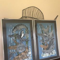 3 D Shark Framed Art Pictures Set of 2 Hand crafted from Florida Keys 35" x 23"