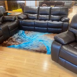 Madrid brown leather reclining sofa, loveseat and chair set $1498. Easy finance option. Same day delivery.