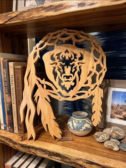 Wood Cutout Buffalo Head Dreamcatcher Wall Hanging Decor w/ Feathers, 10 x 14