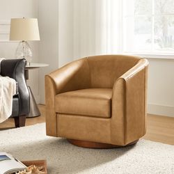Genuine Leather Barrel Chair with 360-Degree Swivel Modern and Solid Wood Base, Camel