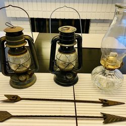 PRICE REDUCED!! Set Of 2 Vintage Lanterns, 1glass Oil Lamp