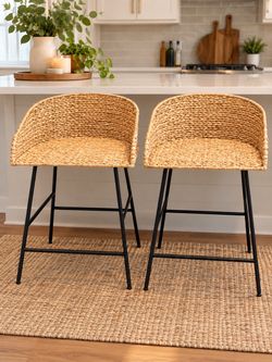 Set of 2 Coastal Boho Woven Wicker Counter Stools