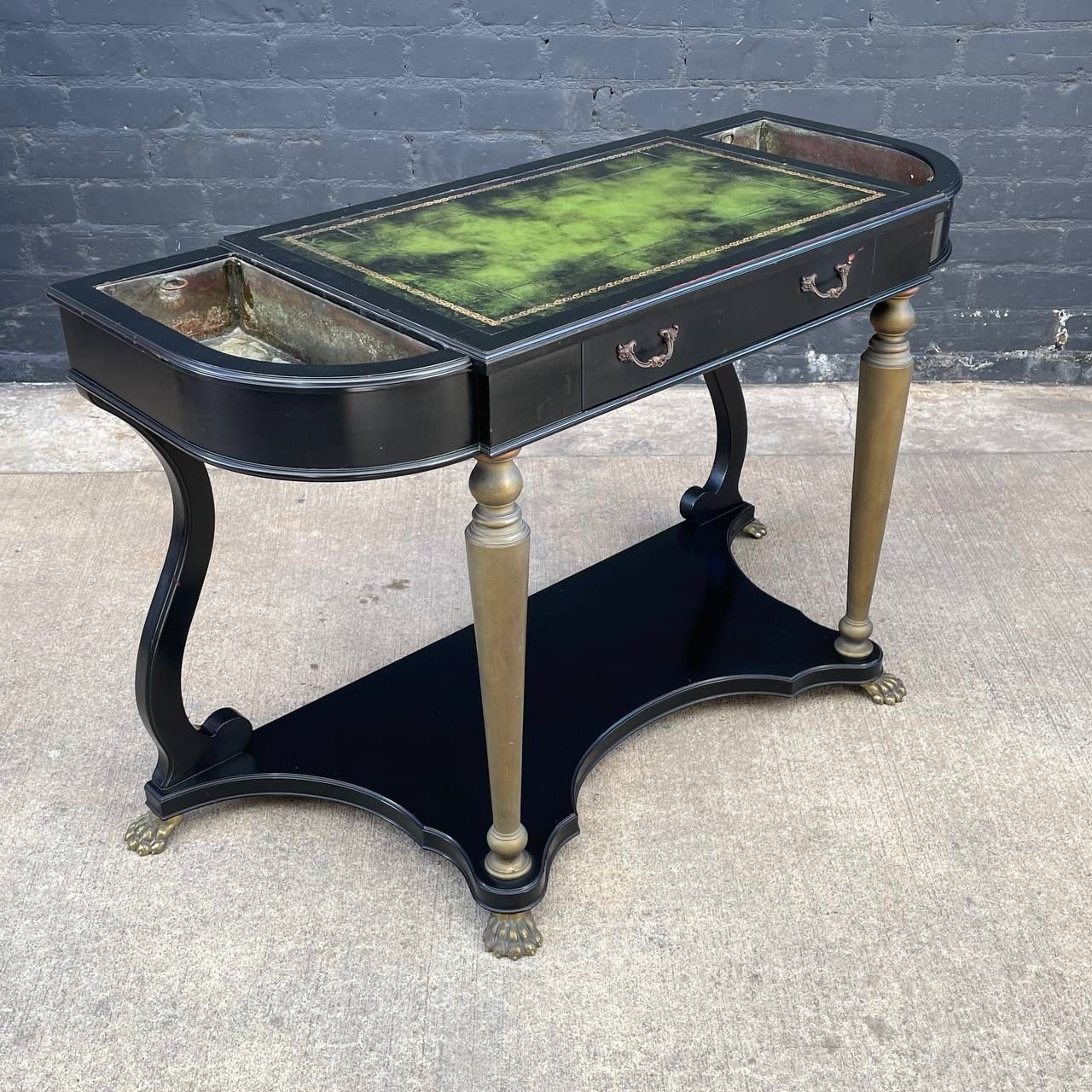 French Neoclassical Ebonized & Leather Top Console Table with Planter and Brass Claw Feet, c.1940’s - Delivery Available