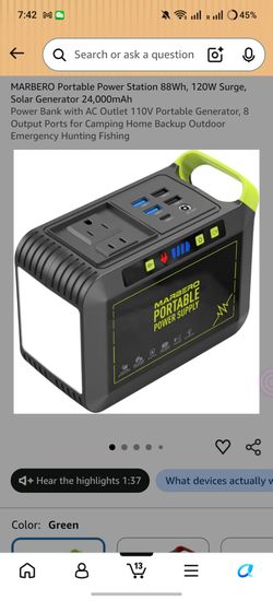 MARBERO Portable Power Station 88Wh, 120W Surge, Solar Generator 24,000mAh
Power Bank with AC Outlet 110V Portable Generator, 8 Output Ports for Campi