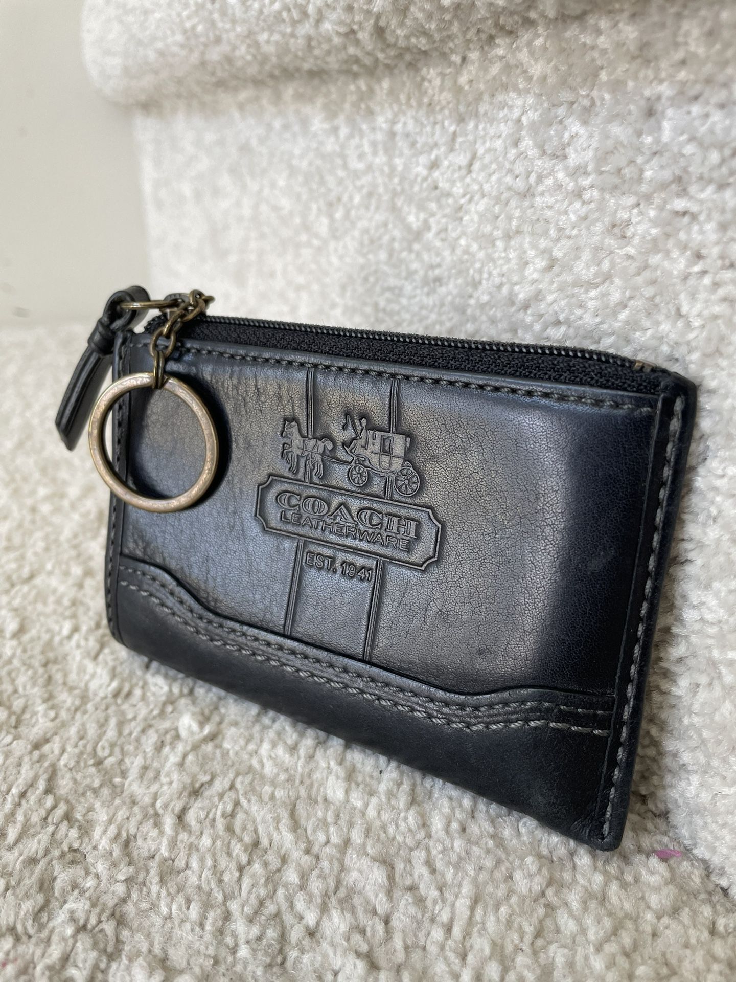 Coach Vintage Keychain Coin Wallet Pouch Bag Charm Black Leather